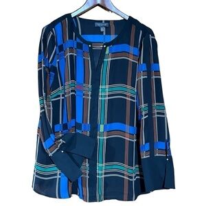 The Limited Vibrant Plaid Bell Sleeve / Cuffs Blouse Top Collarless Chain Detail